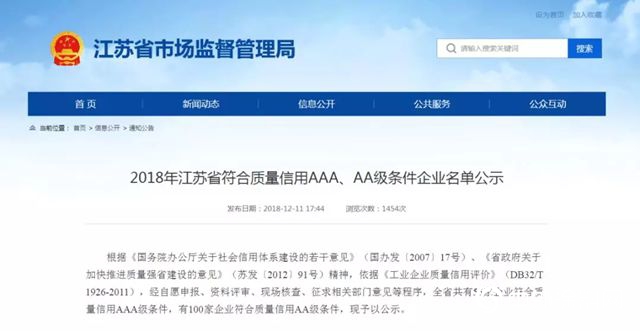 冠军集团成功入围”2018年江苏省质量信用评价AA级企业”"131414"