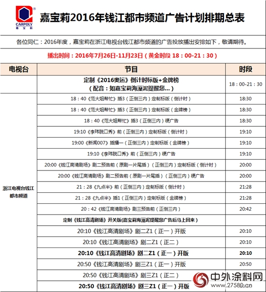 里约奥运倒计时，嘉宝莉广告强势登陆浙江省