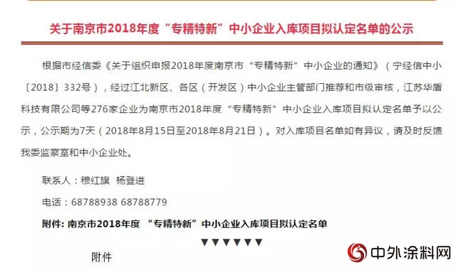 江苏冠军集团入围南京市2018年度“专精特新”中小企业入库项目名单"129104"