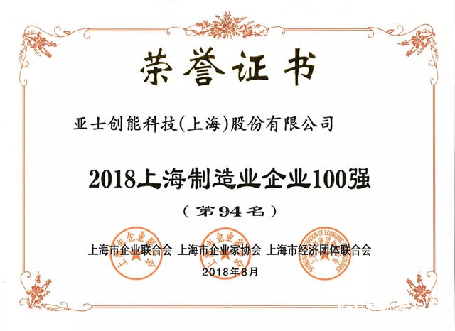 亚士创能入选2018上海制造业企业、民营制造业企业百强榜"129711"