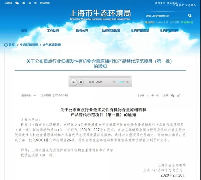 官宣：上海市第一批低VOCs 替代示范项目