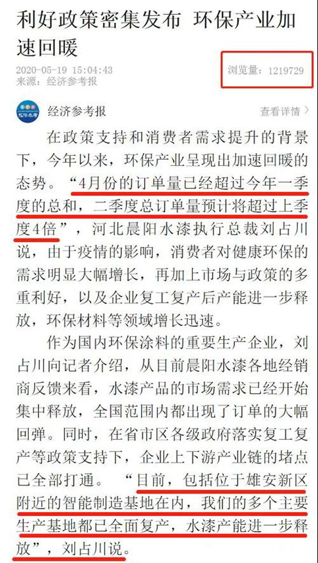 四倍增速、产销两旺：新华社等中央、省、市核心党媒三赞晨阳水漆