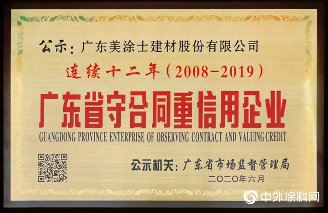 美涂士连续12年保持省级“守合同重信用”企业称号！