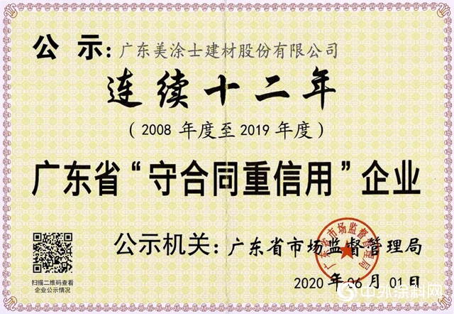 美涂士连续12年保持省级“守合同重信用”企业称号！