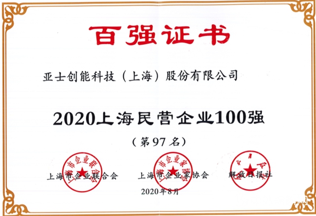 亚士创能荣膺2020年“上海民营企业100强”“上海百强成长企业50强”"140585"