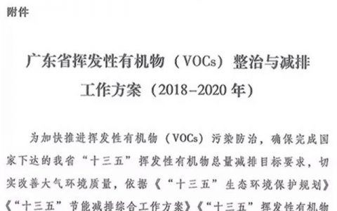 广东五部门印发《挥发性有机物(VOCs)整治与减排工作方案》(2018-2020年)