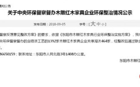 东阳市全面开展木雕红木家具行业环保整治工作，关停淘汰464家含喷漆工艺的木雕红木家具企业！