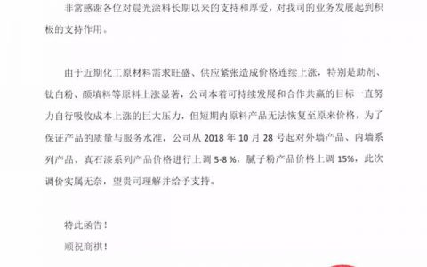 晨光涂料将于2018年10月28日上调产品价格"
130309"