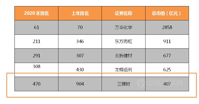 三棵树东方雨虹北新建材万华龙蟒佰利挺进中国上市公司市值500强