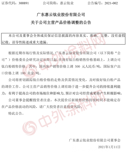 中核钛白惠云钛业安纳达又发调价公告！钛白粉涨价何时到头？