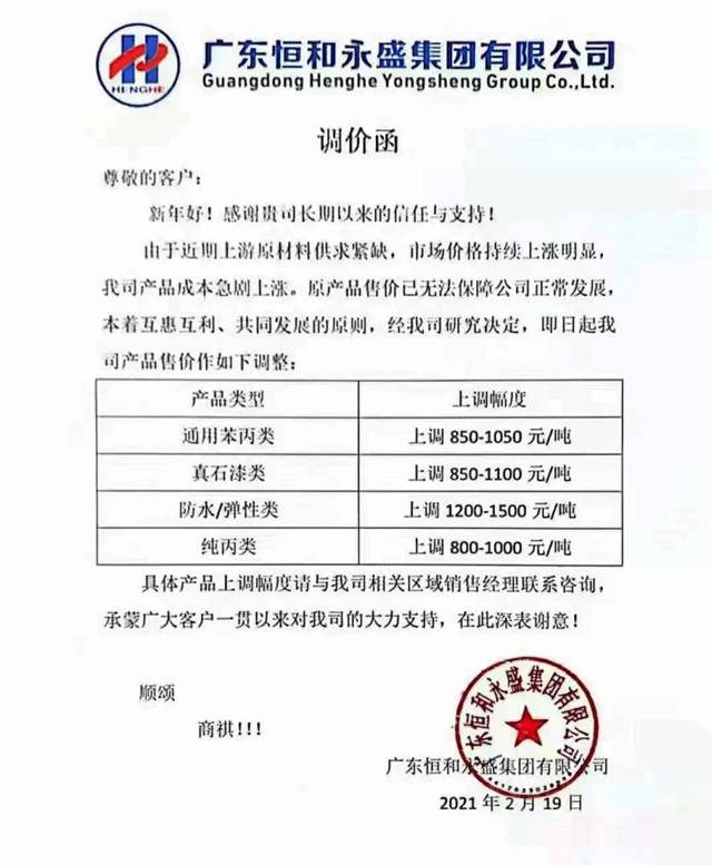 最高上涨1500元/吨！恒和永盛调价应对成本上涨