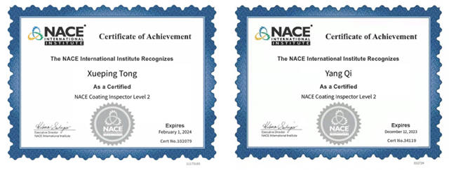 建设专业涂装团队 双虎连获美国NACE证书