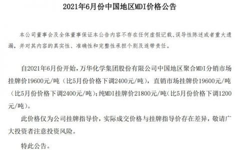 MDI下调 2400 元/吨，原材料价格回落或现曙光
