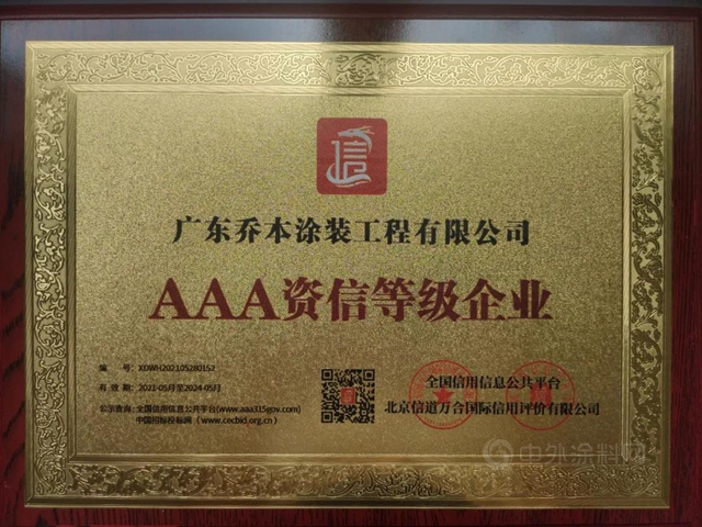 乔本涂装公司被授予“AAA级信用企业”“AAA资信登记企业”荣誉称号