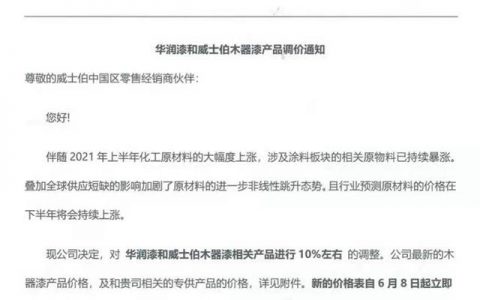 仅一个月，华润漆和威士伯木器漆再次上调价格10%左右