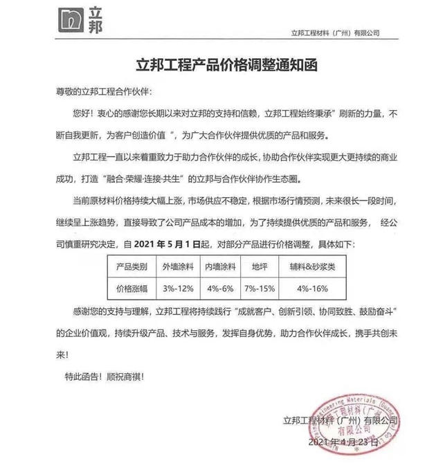 嘘！静一下！立邦工程涂料二次涨价……