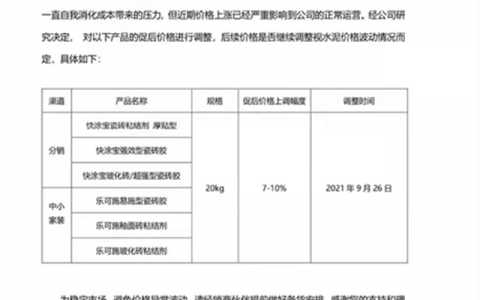 又涨价！立邦瓷砖胶产品价格上调7-10%