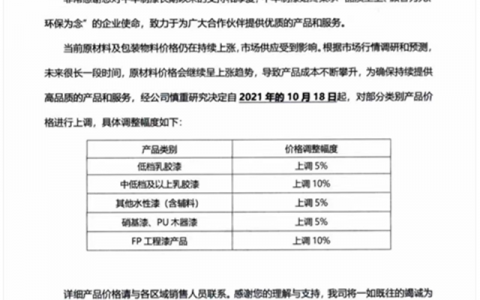 原料价格仍将持续大涨，亚士创能/中华制漆再发产品涨价函