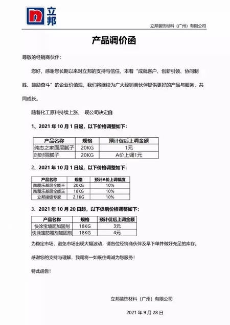 10月起，这些涂料企业开始涨价