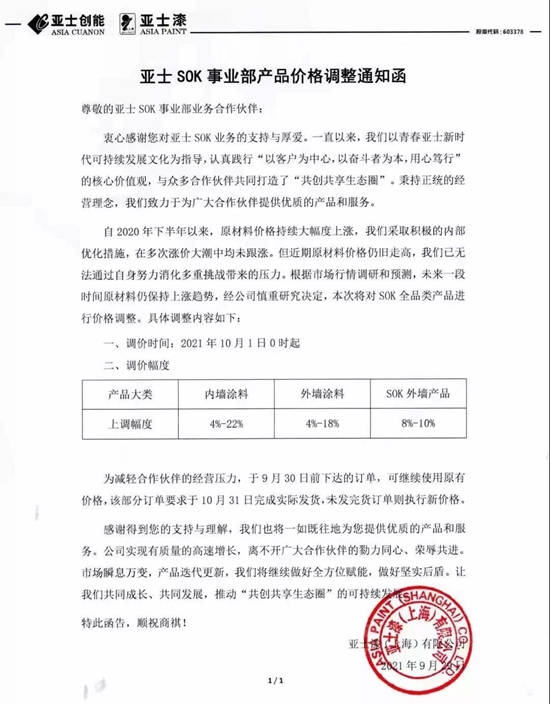 10月起，这些涂料企业开始涨价