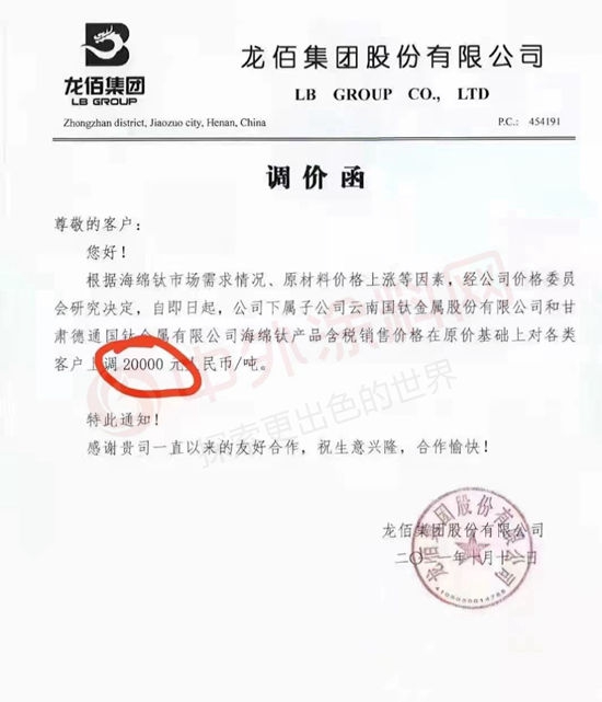 太狠了！龙佰集团海绵钛产品上调20000元/吨