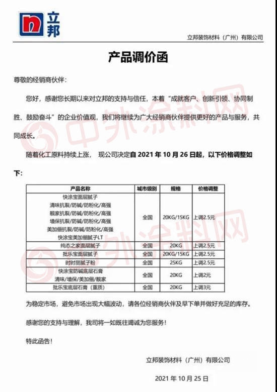 2天4封涨价函，一月一涨！立邦装饰漆全品类价格再次上调