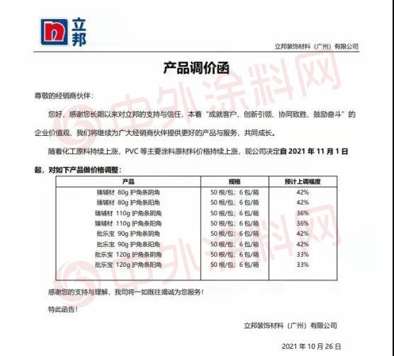 2天4封涨价函，一月一涨！立邦装饰漆全品类价格再次上调