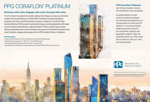 PPG Coraflon®Platinum 氟碳粉末，建筑型材单板粉末，比传统 FEVE 粉末高20%上粉率