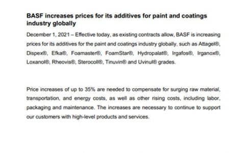 最高上调35%！巴斯夫全球提高油漆和涂料行业添加剂价格