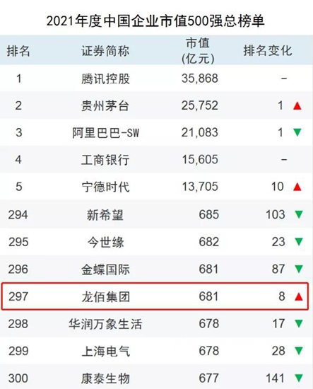 排名提升8位，龙佰集团再次上榜“2021年度中国上市企业市值500强”
