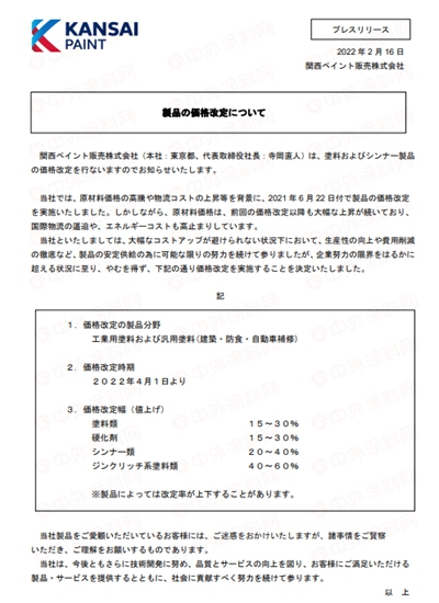 最高上调60%！4月1日起关西涂料涨价