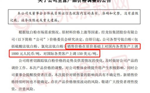 即日涨价！龙佰集团抢先泛能拓、科慕、特诺、康诺斯钛白粉巨头直接强势开涨！