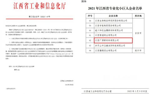 广源新材料认定为“2021年江西省专业化小巨人企业”