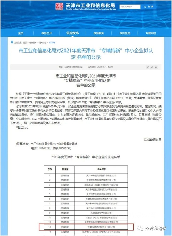 科瑞达被认定为天津市“专精特新”中小企业