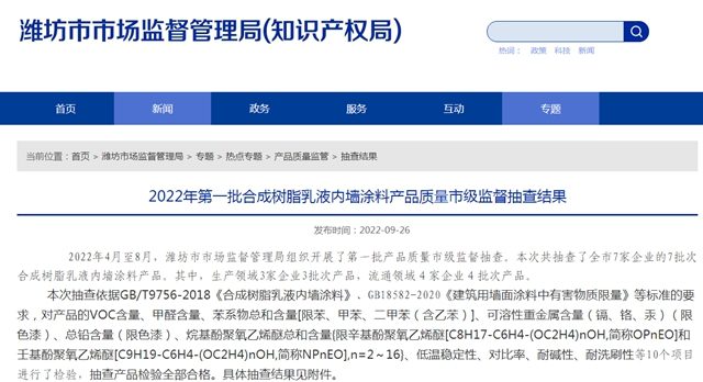 山东省潍坊市公布2022年第一批合成树脂乳液内墙涂料产品质量市级监督抽查结果