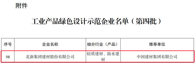 北新建材获评工信部工业产品绿色设计示范企业