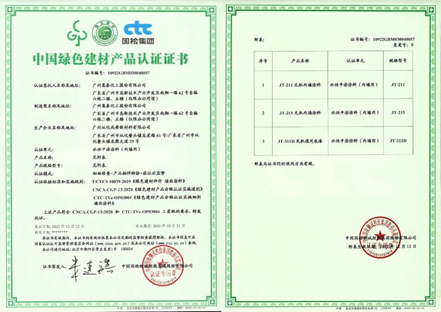 集泰股份三款无机墙面涂料获 “中国绿色建材产品”三星级认证及碳足迹证书