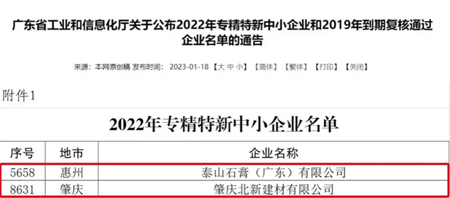 肇庆北新、泰山石膏（广东）有限公司获评广东省2022年专精特新中小企业