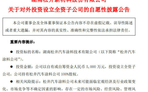 这个涂企投5000万成立子公司 推动汽车涂料业务发展
