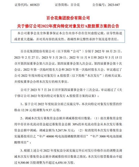 定增募资减至6.04亿元，百合花缘何取消年产4万吨新能源项目