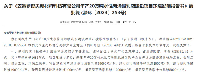 安徽罗斯夫20万吨水性丙烯酸乳液项目通过环评