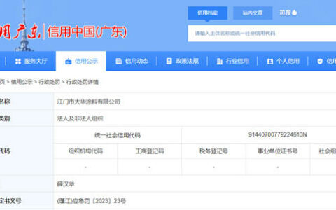 江门市大华涂料有限公司被罚款20000元