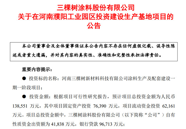 拟投13.86亿元！三棵树欲在濮阳建设生产基地项目