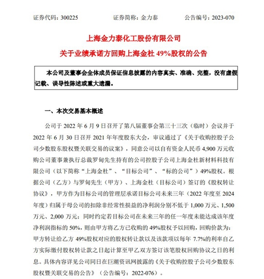 业绩承诺未达标！金力泰执行总裁5426.16万元回购子公司49%股权