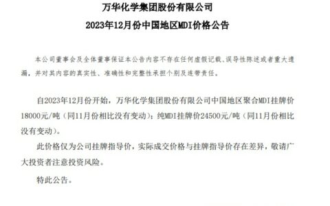 万华化学12月份中国地区MDI价格未变
