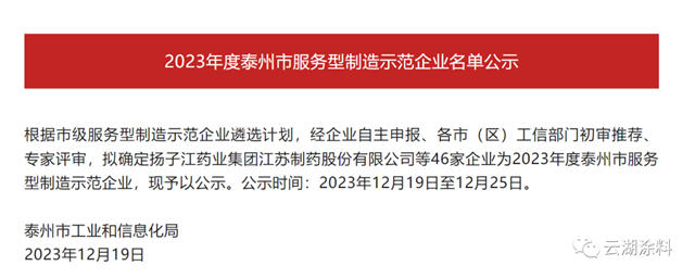 云湖涂料被评选为2023年度泰州市服务型制造示范企业