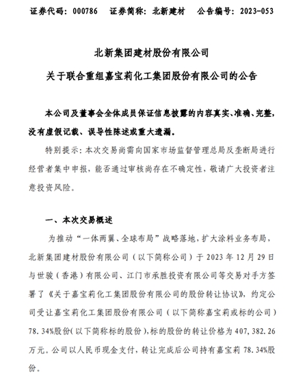 涨幅近30亿！收购嘉宝莉+股票激励！北新建材新年开市大涨