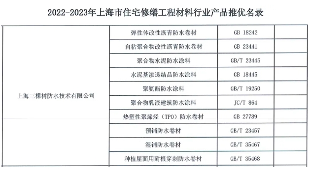 三棵树防水入选《2022-2023年度上海市住宅修缮工程材料推优产品名录》