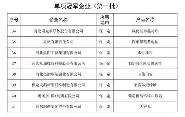 河北晨阳工贸集团获评省级制造业单项冠军企业