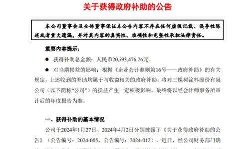 三棵树收到政府补助共计2059.35万元